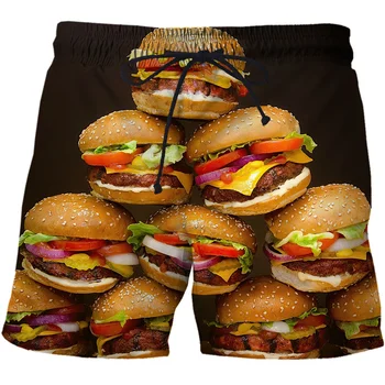 Короткие штаны для гамбургеров с 3D принтом, женские, мужские, детские модные плавки, Пляжные шорты, спортивные уличные повседневные свободные шорты для скейтборда
