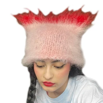 Милая шапка с кошачьими ушками в стиле Y2K, маленькая вязаная шапка Дьявола с напуском, шапочки для женщин