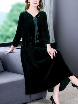 Женское Корейское винтажное роскошное элегантное платье Осень-зима, Зеленое бархатное Шикарное длинное платье с воротником-бантом, модное вечернее платье для вечеринок 2023 года.