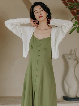 Французское зеленое платье на бретельках Женская летняя шифоновая юбка High Sense Slim Fit для пляжного отдыха