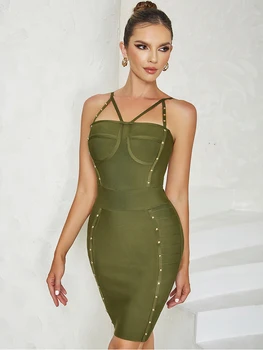 Сексуальное бандажное платье с заклепками на бретельках, женское Армейское зеленое облегающее платье без рукавов с открытой спиной, Вечерние платья знаменитостей