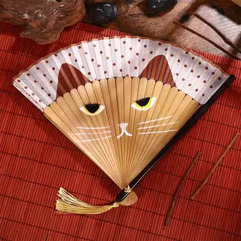 Ручной веер с мультяшным котом, шелковый ручной складной веер в японском стиле, винтажные китайские женщины, шоу для девочек, танцевальный реквизит для косплея