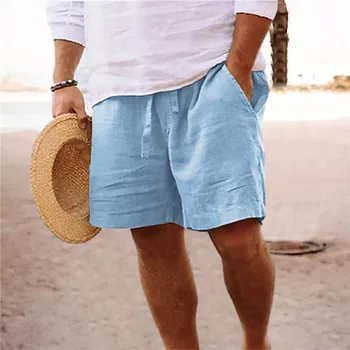 Винтажные хлопчатобумажные льняные однотонные шорты, мужские весенне-летние повседневные свободные короткие брюки на завязках, мужские шорты для отдыха на берегу моря