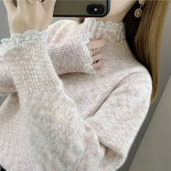 Женский свитер 2023, осень и зима, новый теплый вязаный пуловер с полувысоким воротником, Модный Свободный женский вязаный топ B539