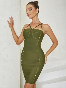 Сексуальное бандажное платье с заклепками на бретельках, женское Армейское зеленое облегающее платье без рукавов с открытой спиной, Вечерние платья знаменитостей