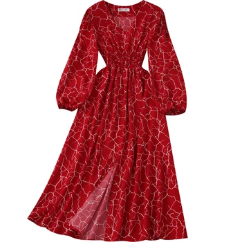 Осенняя Новая мода, Темпераментное платье с V-образным вырезом и пышными рукавами, женское платье с высокой талией, Тонкая богемная длинная юбка с большим разрезом