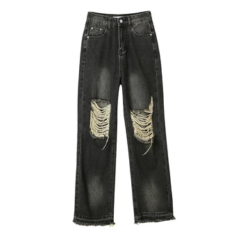 Американские ретро-винтажные потертые уличные брюки, свободные джинсы прямого кроя с высокой талией, женские