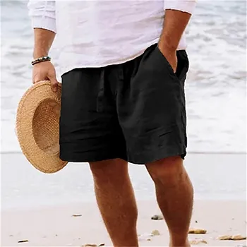 Винтажные хлопчатобумажные льняные однотонные шорты, мужские весенне-летние повседневные свободные короткие брюки на завязках, мужские шорты для отдыха на берегу моря