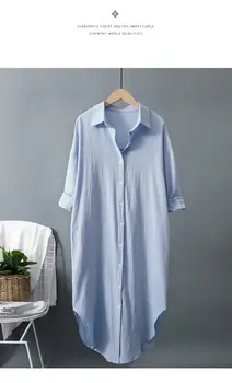 Длинное белое платье-рубашка для женщин из льна и хлопка 2023 Весна-лето Повседневная Корейская одежда Винтажный халат Миди Оверсайз