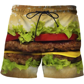 Короткие штаны для гамбургеров с 3D принтом, женские, мужские, детские модные плавки, Пляжные шорты, спортивные уличные повседневные свободные шорты для скейтборда